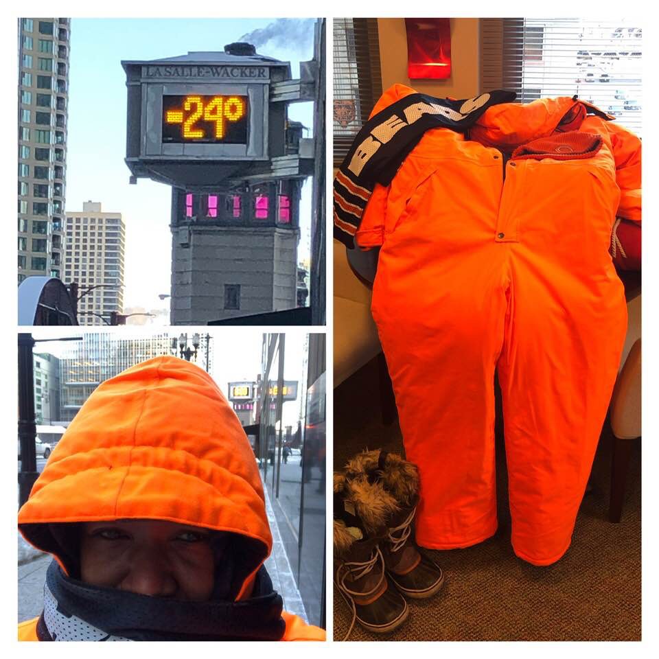 Winter collage with orange cold-weather clothing and a Chicago temperature sign reading minus 24 degrees