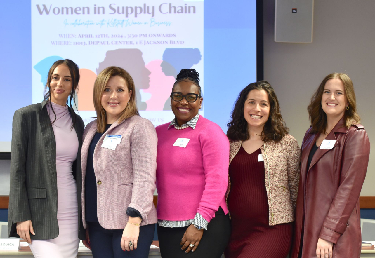 Five women posing at a Women in Supply Chain event at DePaul